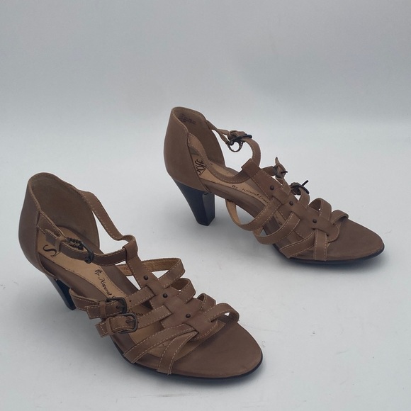 Soft Stylish Brown Strappy Heels sandals women 9M leather casual office retro - Picture 12 of 12